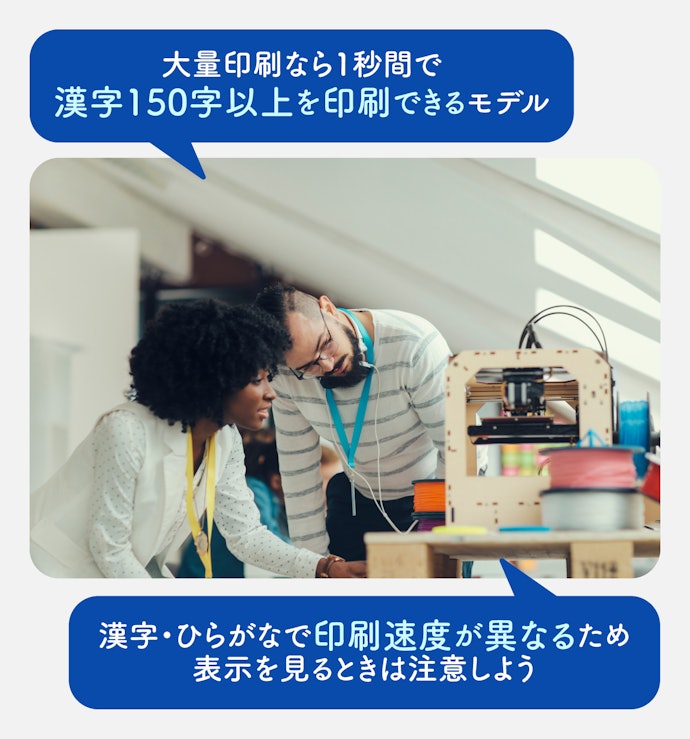 印刷速度:1秒間に漢字150字前後が目安。高速印刷対応モデルも