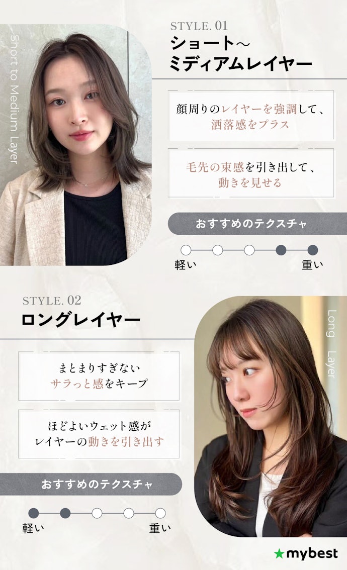 レイヤースタイルは、ショートなら重め・ロングなら軽めのスタイリングオイルがおすすめ