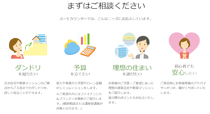 スーモカウンターで無料の個別相談が可能。売却と同時に新しい物件を探している人にも便利