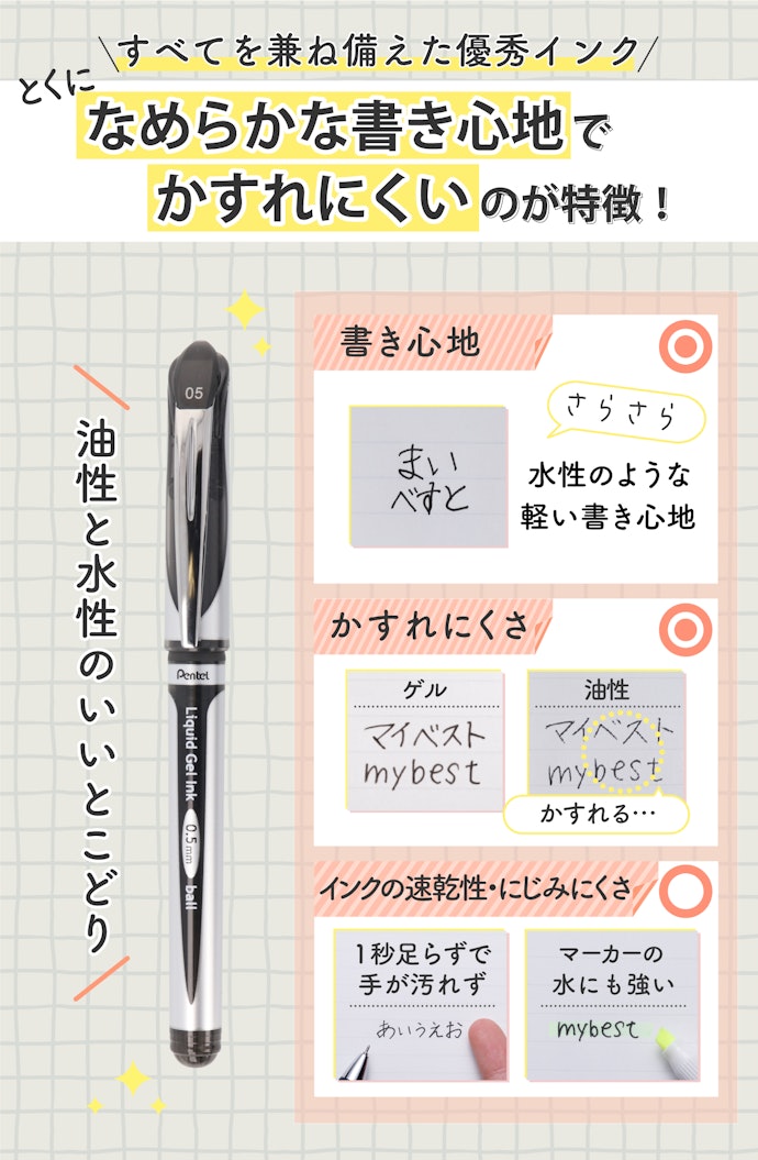 ゲルインク:油性と水性のよさを兼ね備えている!迷ったらコレを選んで