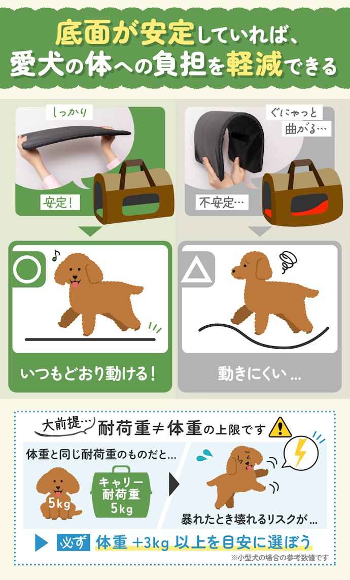 耐荷重が適切なのはもちろん、底面の板が安定したキャリーバッグを選ぼう