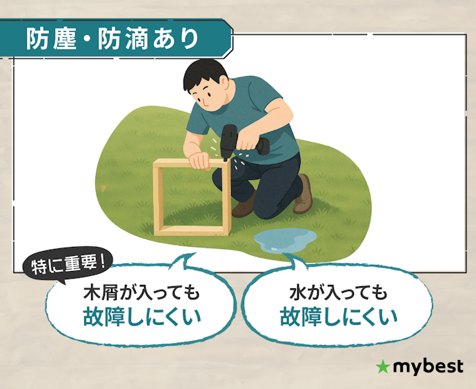 外での作業がメインになるなら、防塵・防滴のものを選ぼう