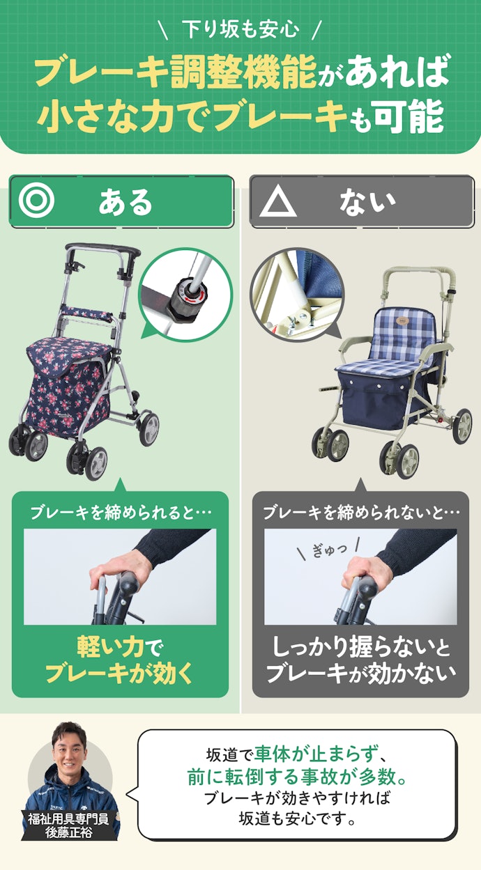 坂道が多い環境なら、ブレーキ調整機能があるものを