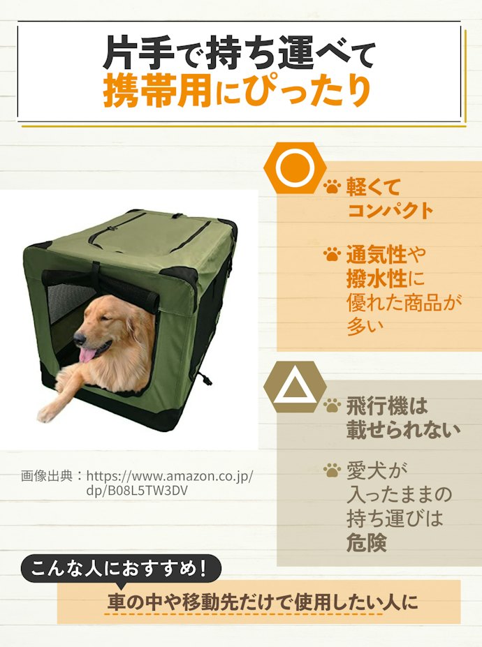 移動先・車の中だけでの使用には、折りたたみ可能なソフトクレート