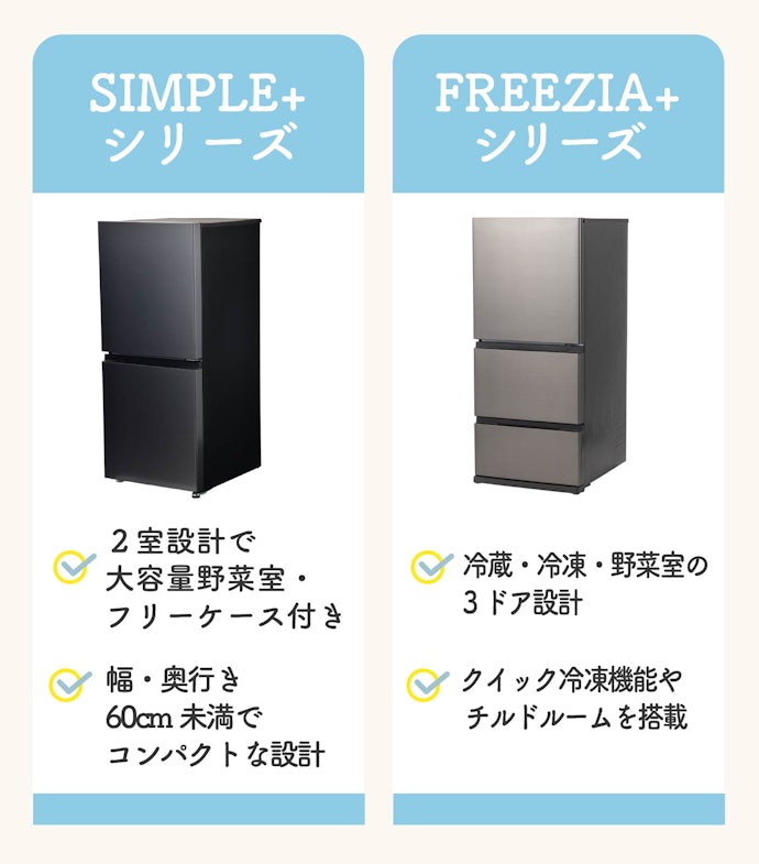 2人以下:100〜200L台で十分。SIMPLE+・FREEZIA+シリーズから選ぼう