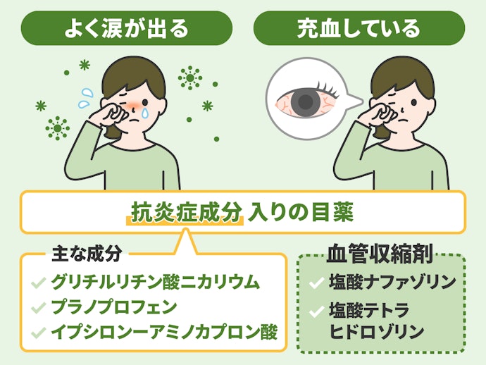 涙目や充血がひどいときは「抗炎症成分」配合+「血管収縮剤」が入っていないものを