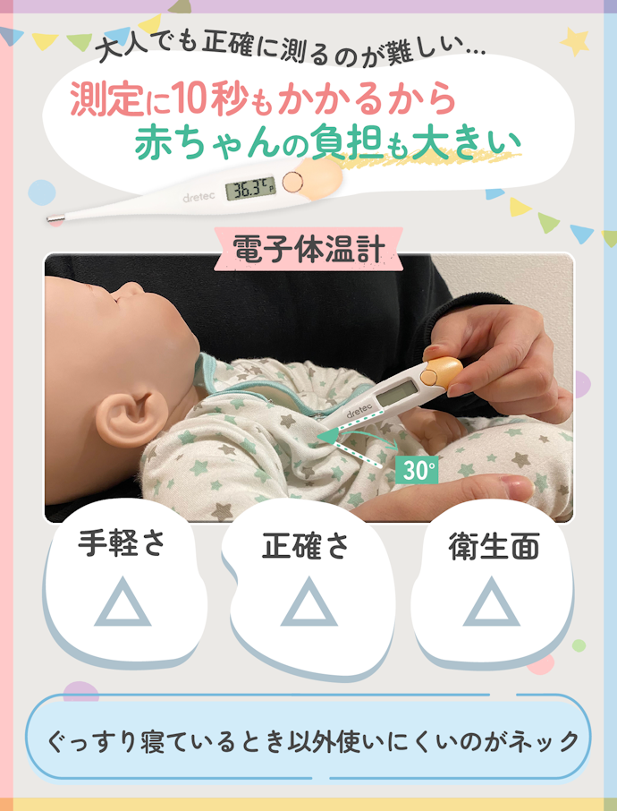 電子体温計はぐっすり寝ているとき以外測りにくいうえ、数値がずれやすいので避けて