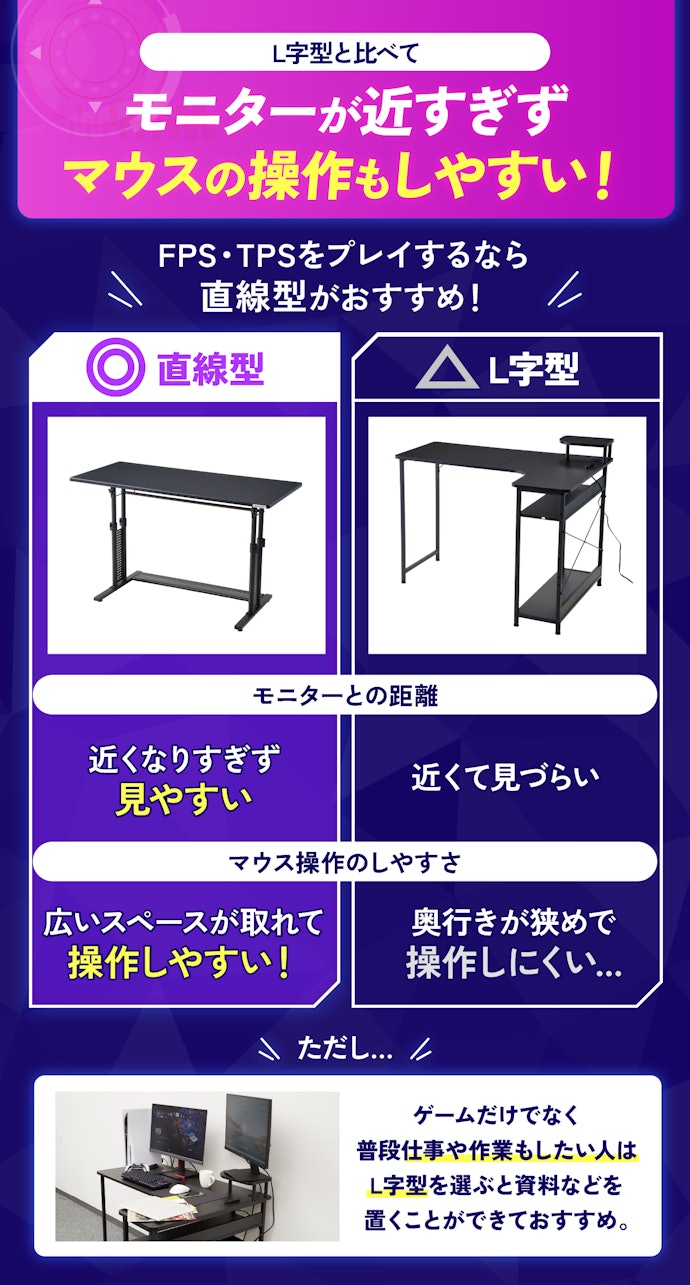 L字デスクは欠点あり?PCゲーマーなら直線型のゲーミングデスクがおすすめ