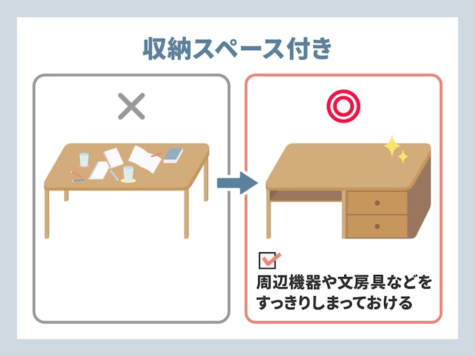 収納スペース付きのローデスクなら作業しやすい