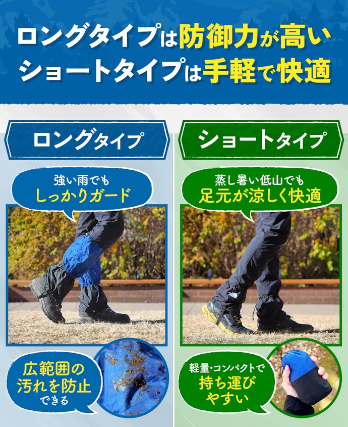 強い雨の日・足元が悪いコースで使うならロングタイプ、低山や整備された山に登るならショートタイプ
