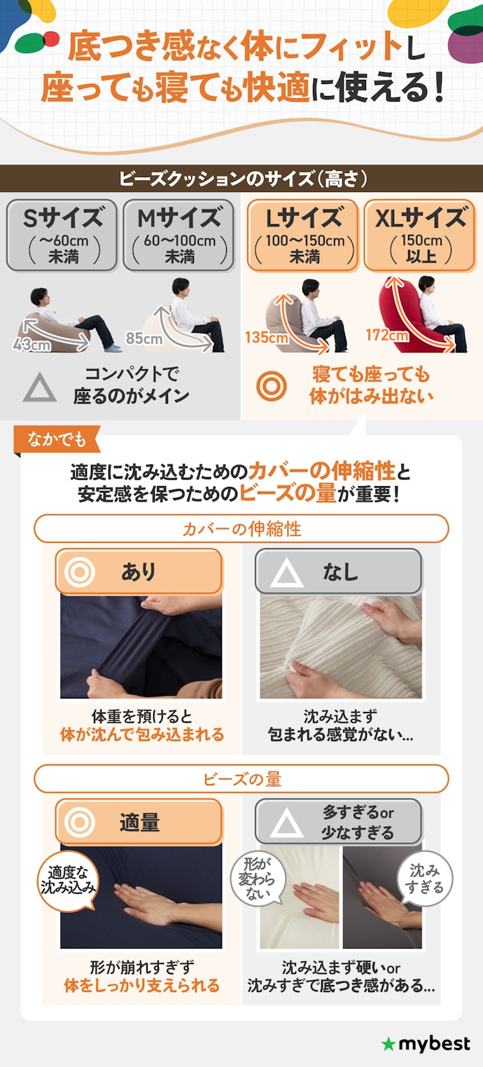 広い空間で使うなら、Lサイズ以上がおすすめ!伸縮性のあるカバーでビーズが適量なものを選ぼう