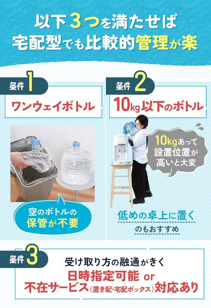 天然水が飲める宅配型ウォーターサーバーは、捨てられて軽量のいつでも受け取れるボトルがマスト
