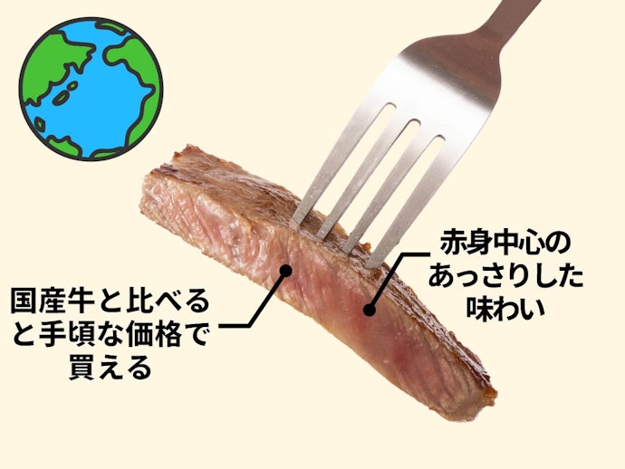 輸入牛:赤身が中心の牛肉。歯ごたえを求める人向け