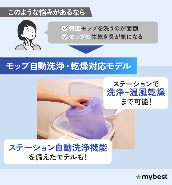 水拭き後のお手入れも任せたいなら、「モップの自動洗浄・乾燥対応」の全自動モデルを選ぼう