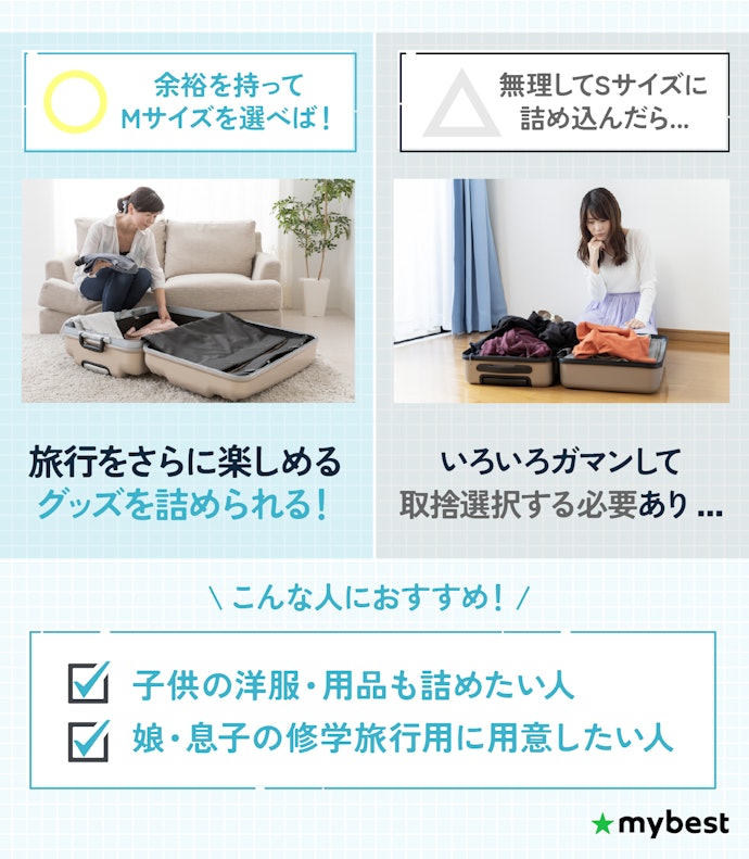 3泊4日程度の中期旅行用には、Mサイズのスーツケースがあると便利!
