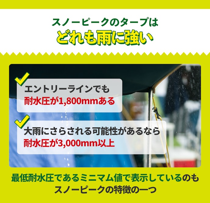 雨のなかでもキャンプを楽しむなら耐水性の高いモデルで快適に過ごそう