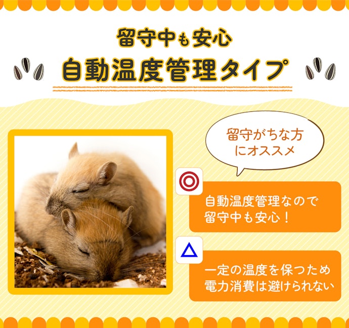 家を留守にしがちな人や温度管理に慣れていない初心者には、自動温度管理タイプ