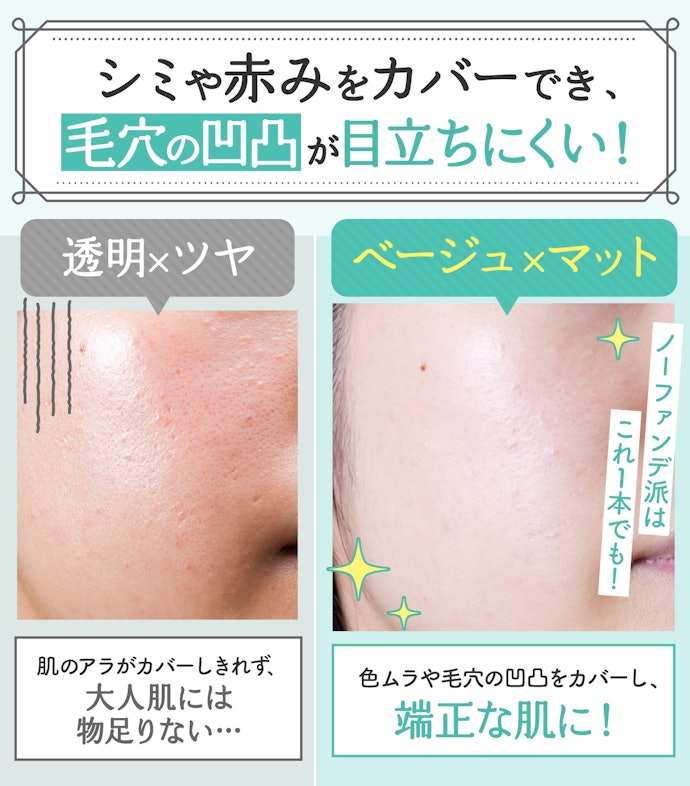 毛穴や色ムラをカバーしたい人は、ベージュの色つき×マットタイプがおすすめ