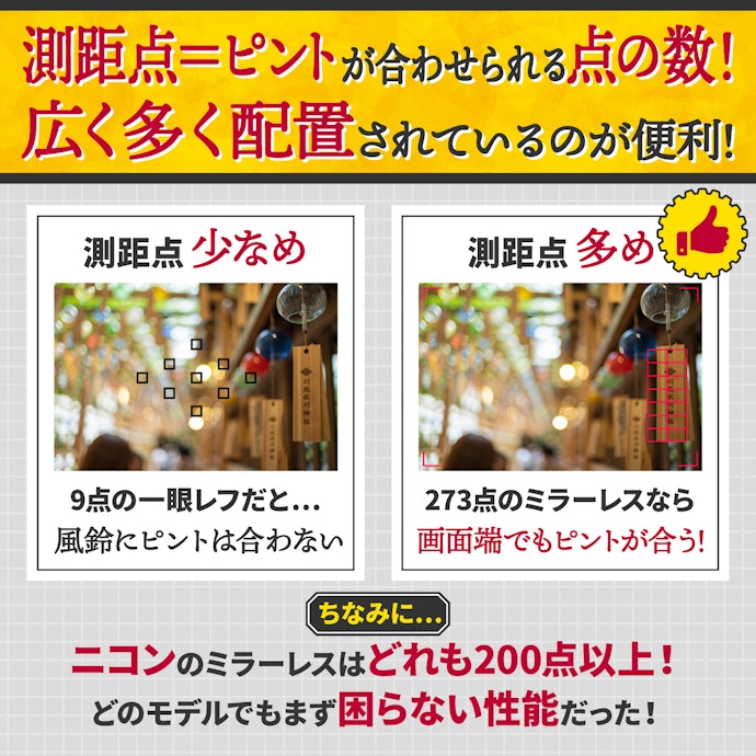 測距点は多いほうがピントを合わせやすい。ただし日常の撮影ならどれも十分