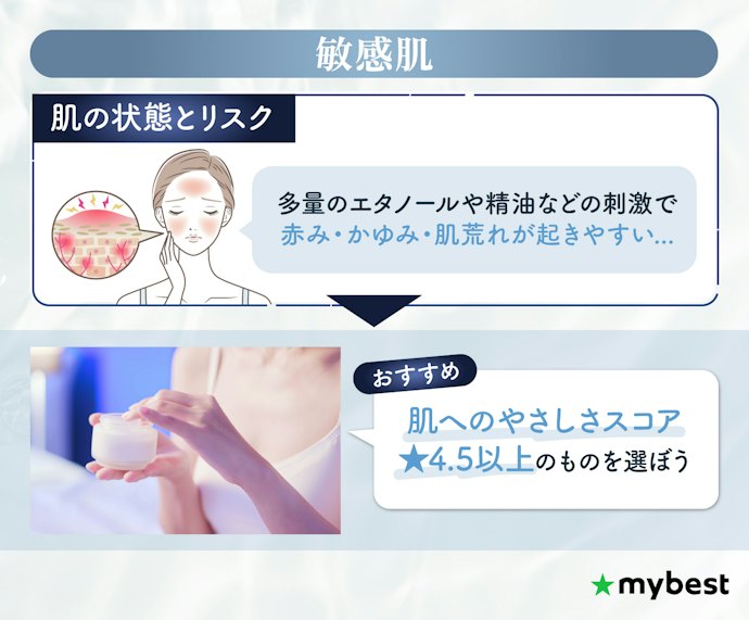 敏感肌の人は、肌に配慮された処方で、肌荒れ防止成分配合のものを選んで