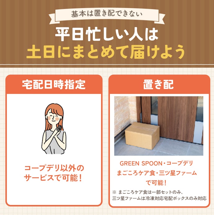 忙しくて受け取り時間が限られる人は、配達日時指定・置き配ができるサービスだと受け取りやすい