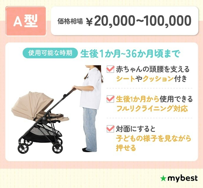 生後1か月から使うならA型。両対面なら赤ちゃんの顔を見ながら押せる