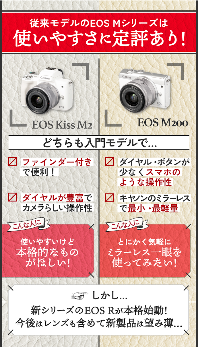 EOS Mシリーズは軽量で扱いやすく初心者向き。ただし長く使いたい人は注意
