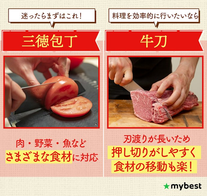 肉・魚・野菜など幅広く対応するなら三徳包丁がベスト!料理の効率化には牛刀もあり