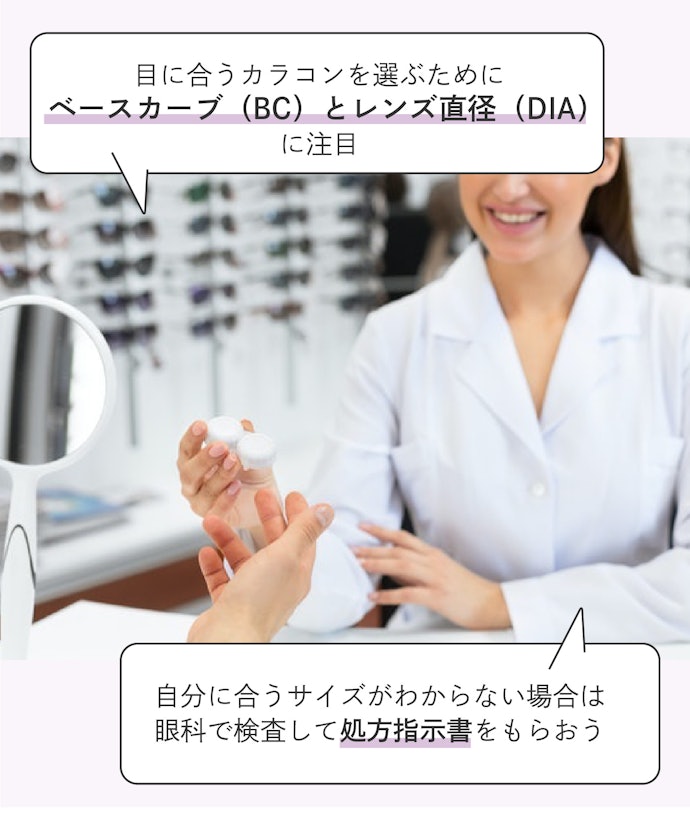 レンズ直径とベースカーブを確認。自分の目に合うサイズを選ぶことが大切