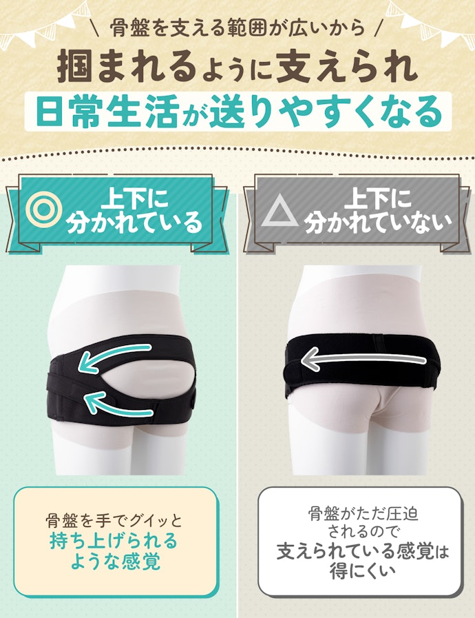 ベルト後部が上下に分かれていると、支える範囲が広く骨盤が安定する!
