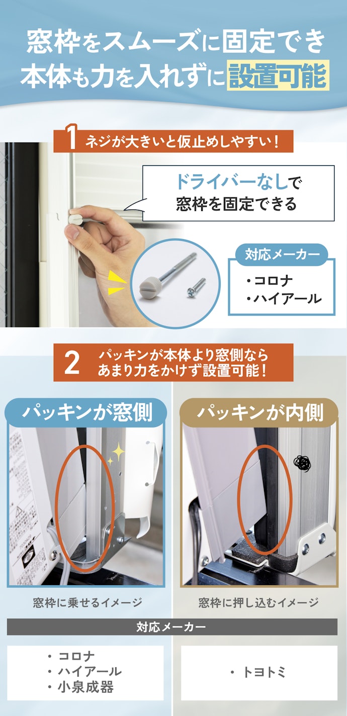 ネジが大きく、パッキンが本体よりも窓側にあると設置しやすい