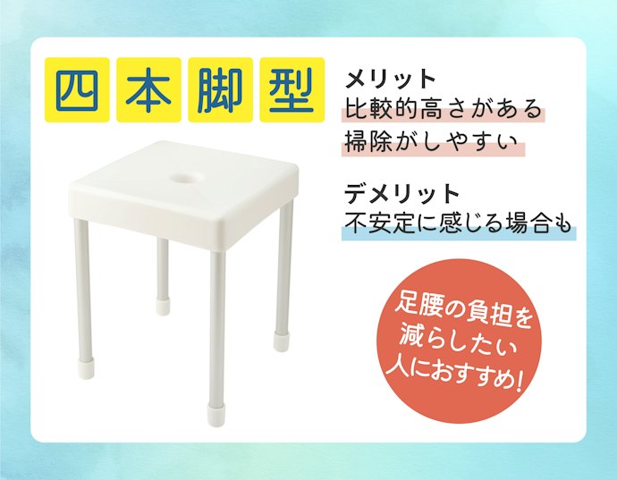 4本脚型:高さがあるので足腰の負担を軽減でき、掃除もしやすい