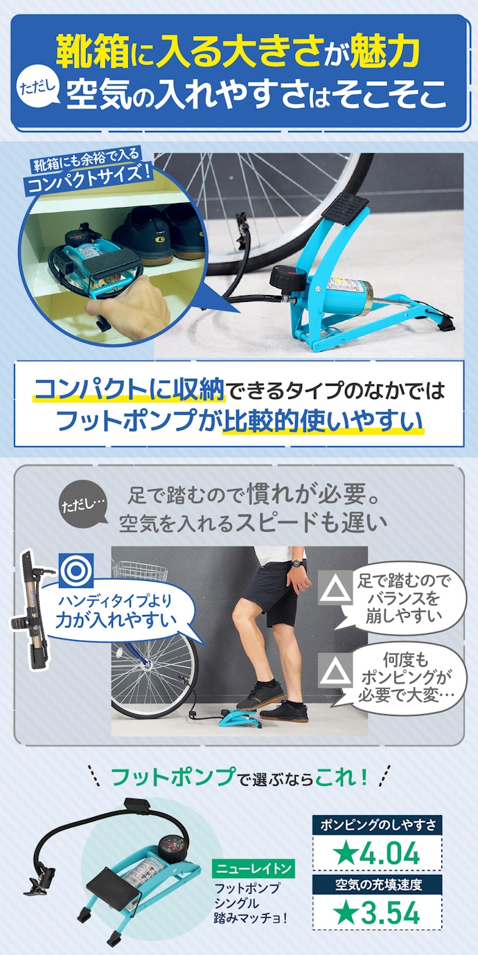 どうしても収納場所に困るなら、フットポンプという選択肢も