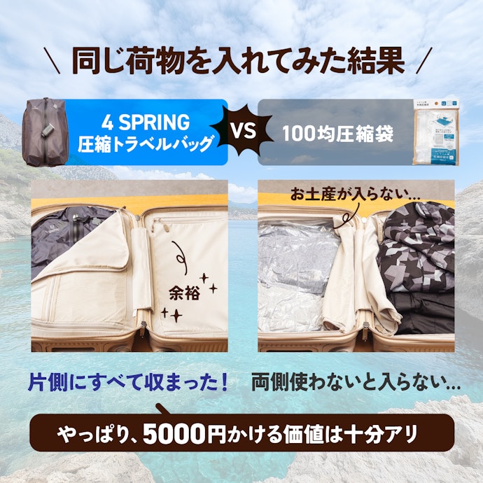 ちなみに、100均の圧縮袋との差はこんな感じ!やっぱりすごい…