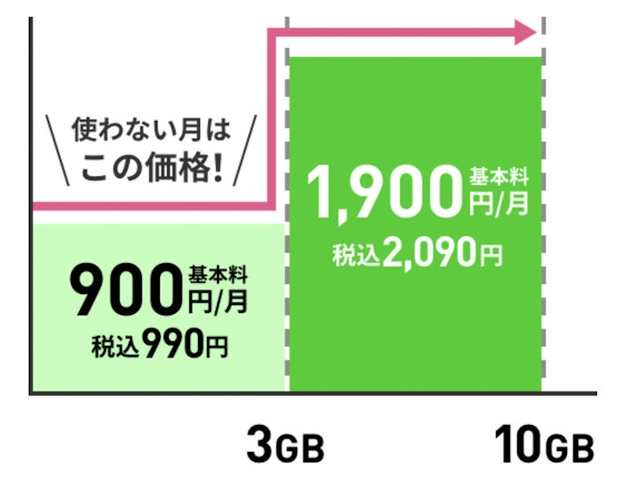 月3GBを超えると月額990円→2,090円へ上がるので注意