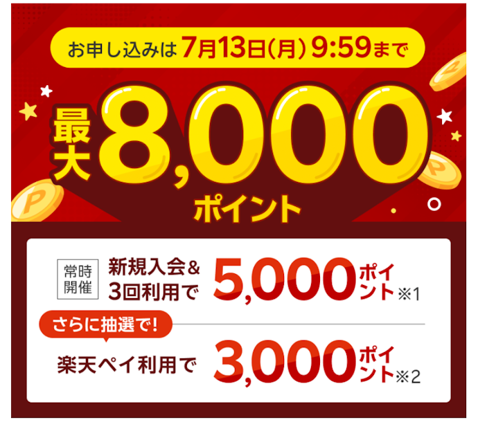 楽天カード新規入会&3回利用で、5,000ポイントプレゼント