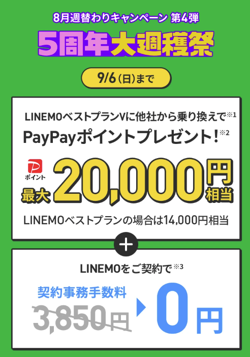 【9月6日まで!】 契約事務手数料無料&最大20,000円相当のPayPayポイントプレゼント