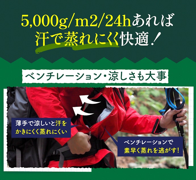 透湿度5,000g/m2/24hが目安。生地の薄さ・ベンチレーションにも注目