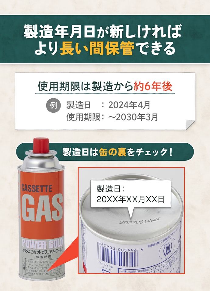 店頭でガスボンベを選ぶときは、製造年月日がなるべく新しいものを選ぼう