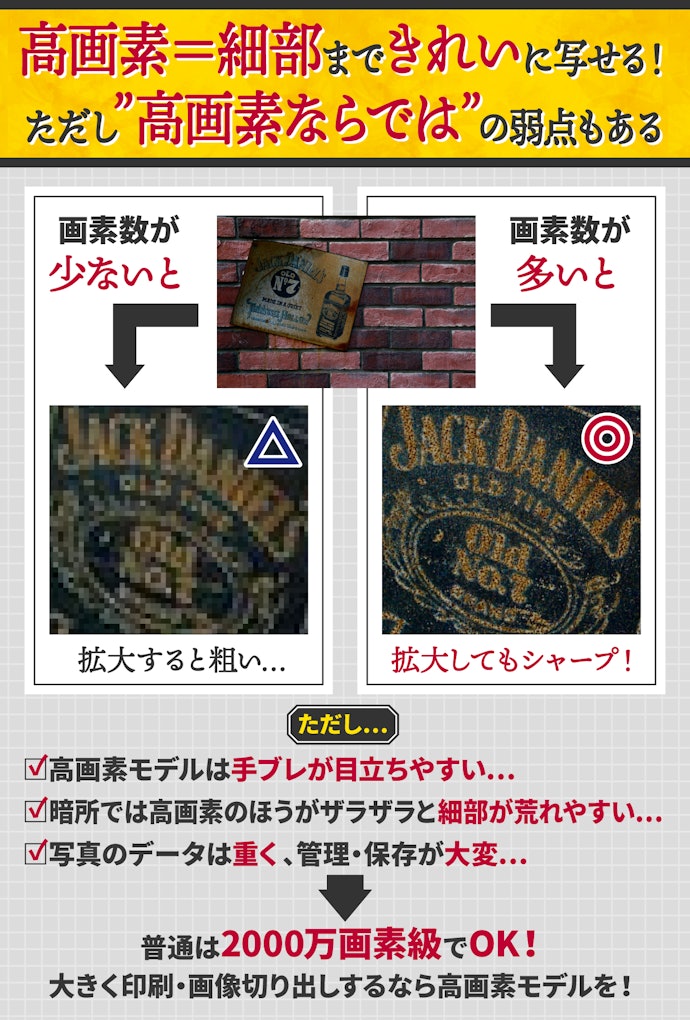 一般用途なら2000万画素でも十分。細部まで写すなら4000万画素以上