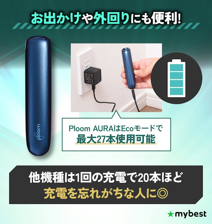 充電の手間を減らしたい人に!PloomシリーズのAURAは充電1回で最大27本吸える