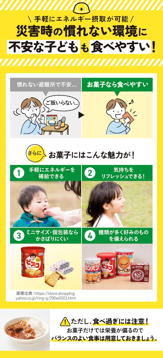 子どもがいる家庭は、非常食用のお菓子を用意しておくのがおすすめ