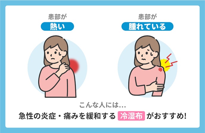患部に腫れや熱がある場合は、清涼感のある「冷湿布」で対応