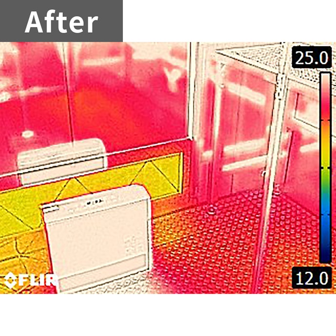 部屋全体が比較的スピーディに暖まる。約4畳の空間が11分半で12℃から18℃に