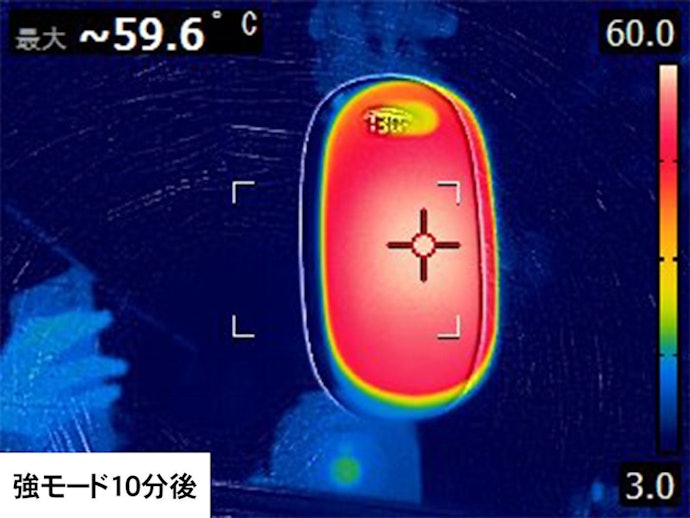10分後の表面温度は最大約60℃と熱い。低温やけどに注意が必要