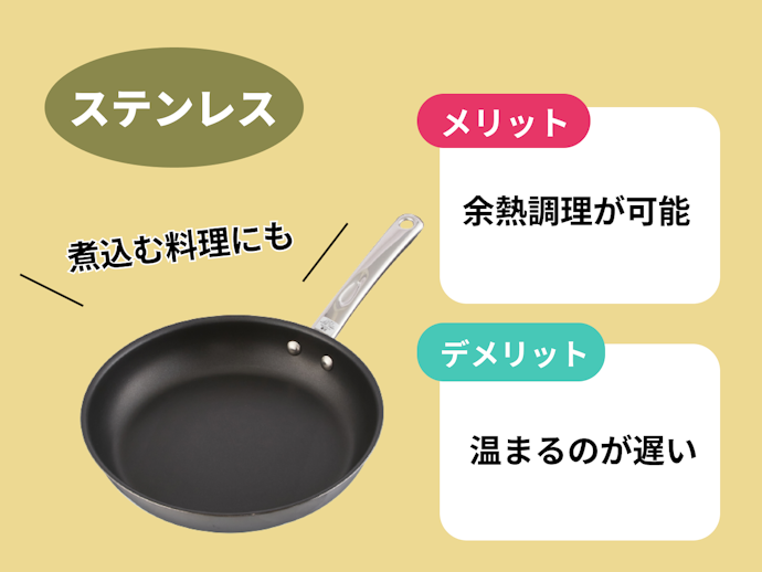 ステンレス:幅広い調理に使えるものがほしい人に。余熱調理・煮込み料理もOK