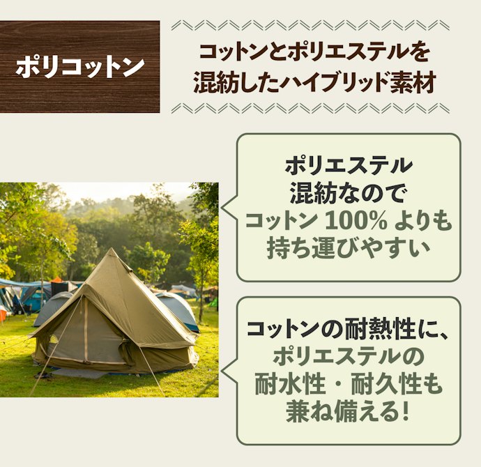 ポリコットン:持ち運びやすさ重視なら。熱にも強い