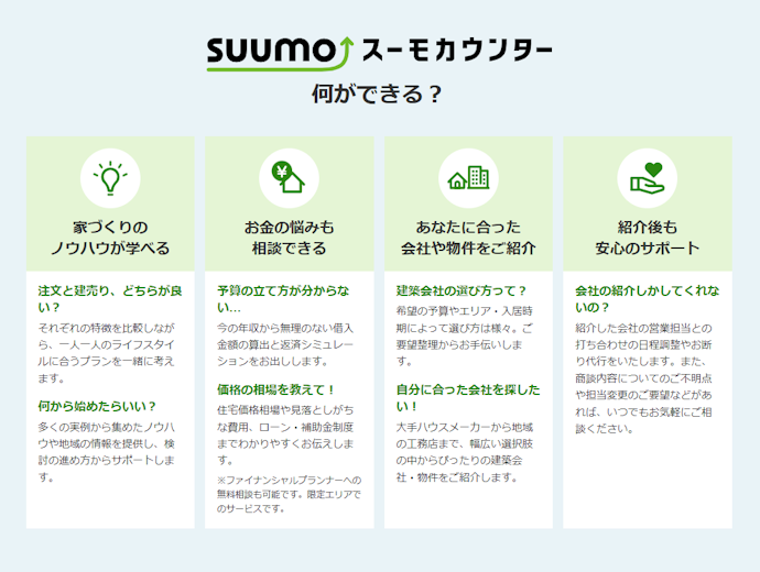 スーモカウンターで無料の個別相談が可能。売却と同時に新しい物件を探している人にも便利