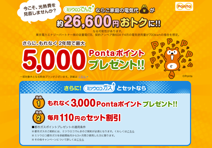 ミツウロコでんきの新規契約で最大5,000ポイントもらえる