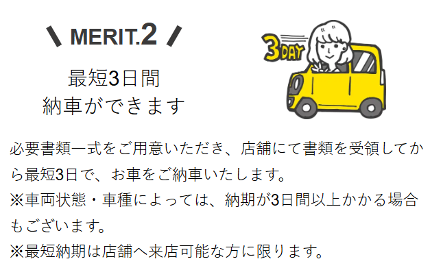 中古車リースの取り扱いもあり。最短3日で納車が可能
